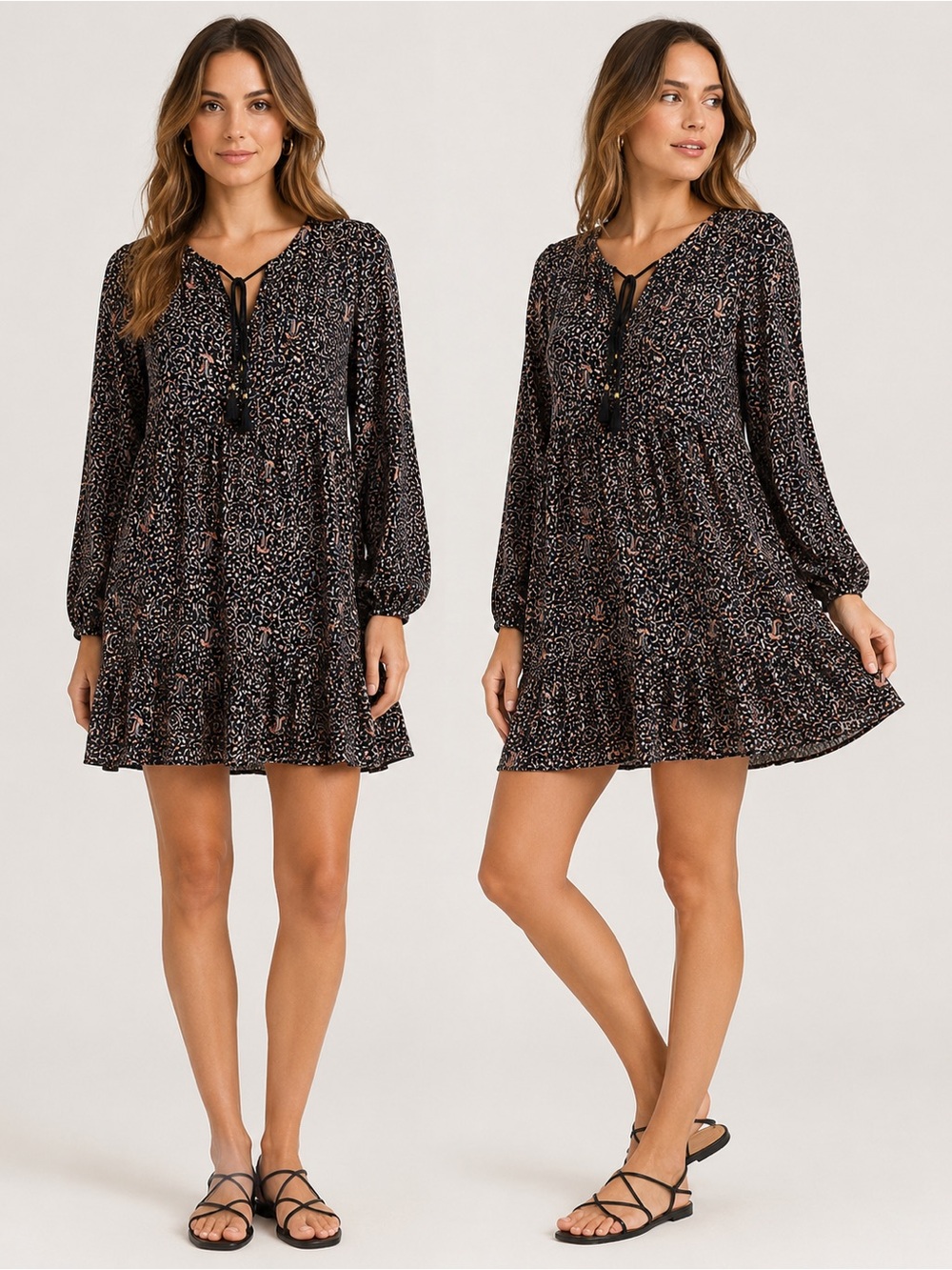 Madewell Black Floral Tiered Mini Dress with Pink Accents